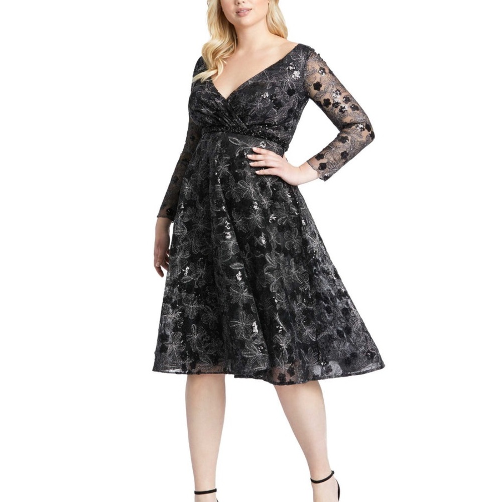 MAC DUGGAL LONG SLEEVE ILLUSION SEQUIN EMBROIDERED MIDI DRESS